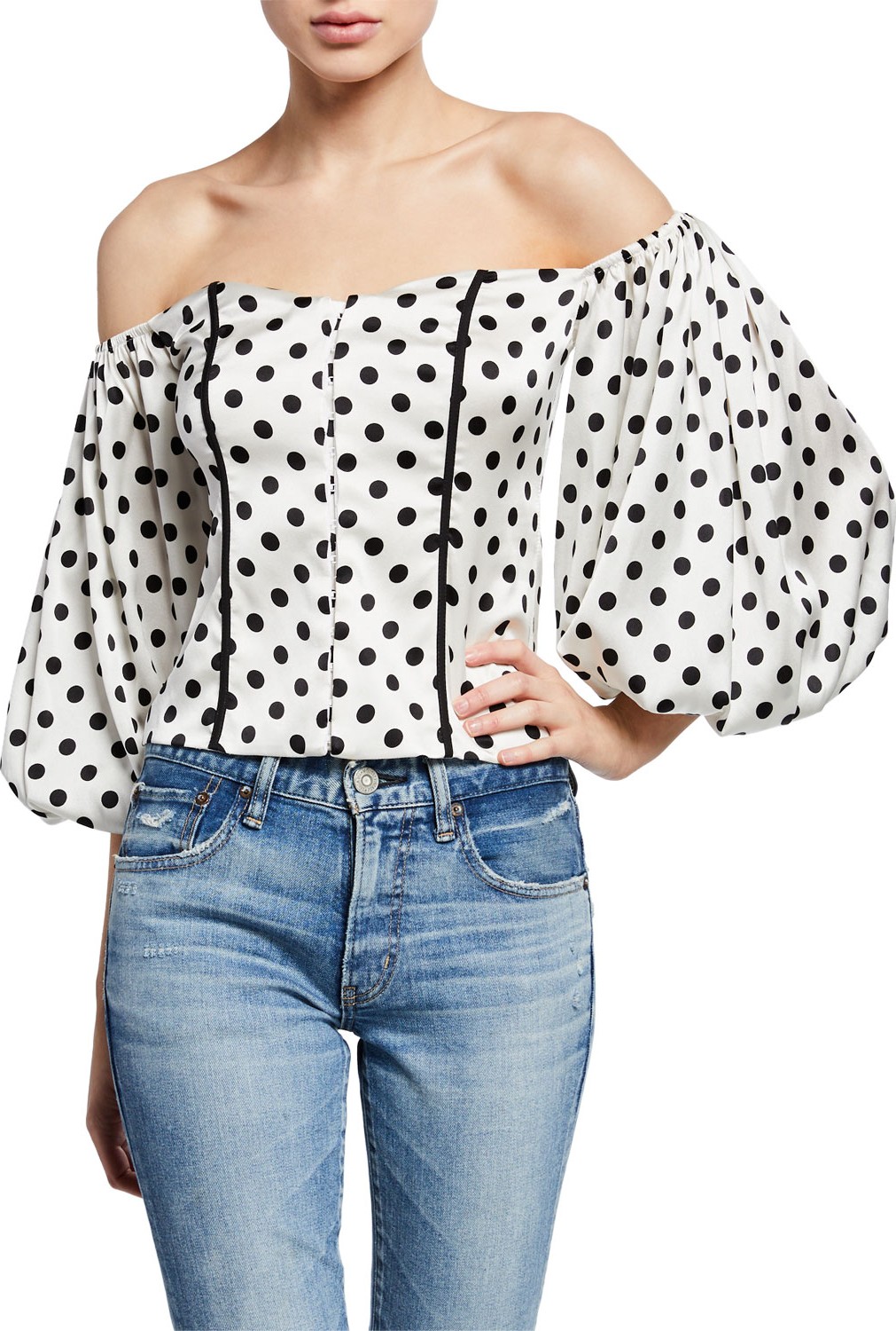 Caroline Constas Belen Dot-Print Off-Shoulder Corset Top
