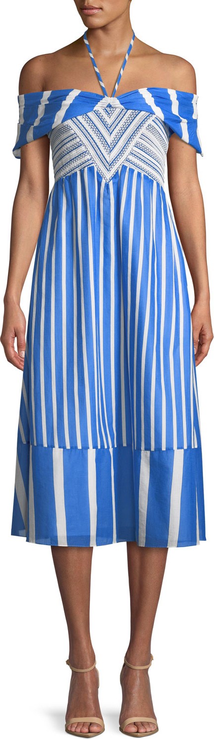 Tanya Taylor Celina Striped Off-the-Shoulder Midi Dress