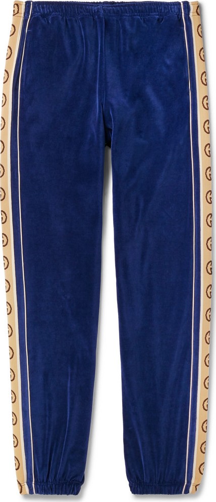 Gucci Tapered Logo-Appliquéd Webbing-Trimmed Piped Velvet Sweatpants