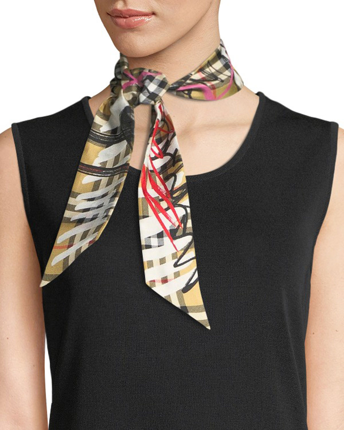 Burberry London England Scribble Check Silk Twill Slim Scarf