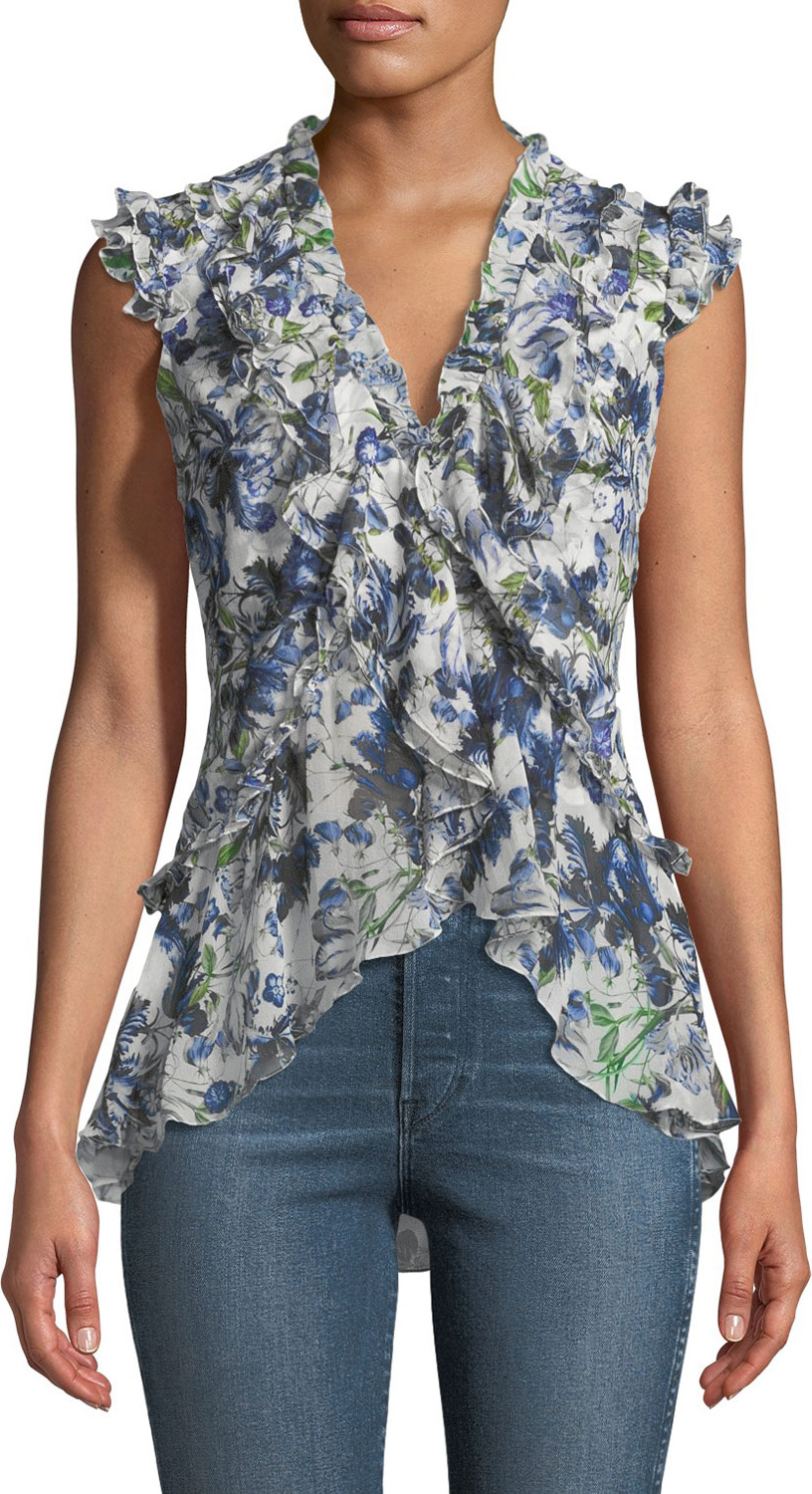Erdem Regina V-Neck Ruffled Silk Voile Top
