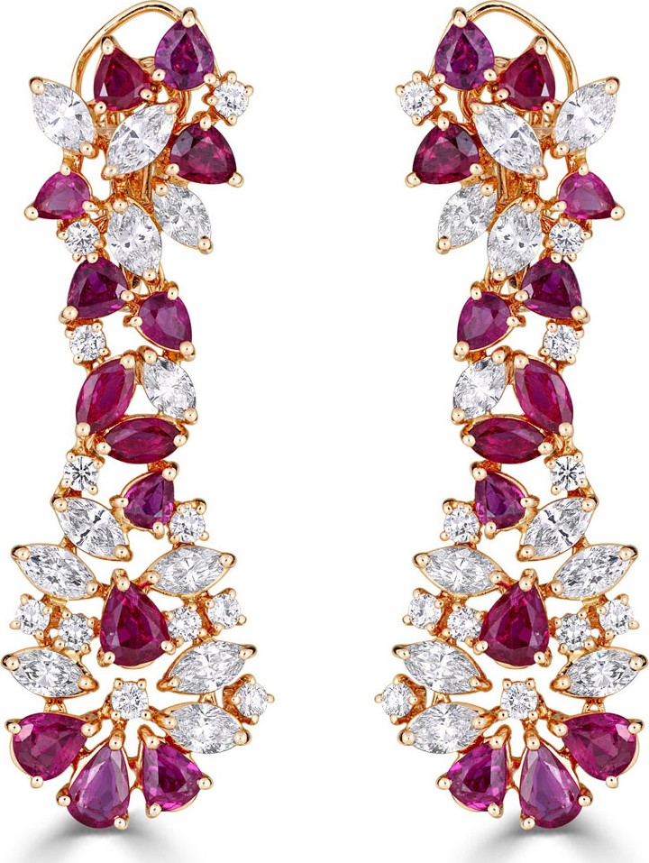 ZYDO Unique 18k Rose Gold Diamond & Ruby Drop Earrings