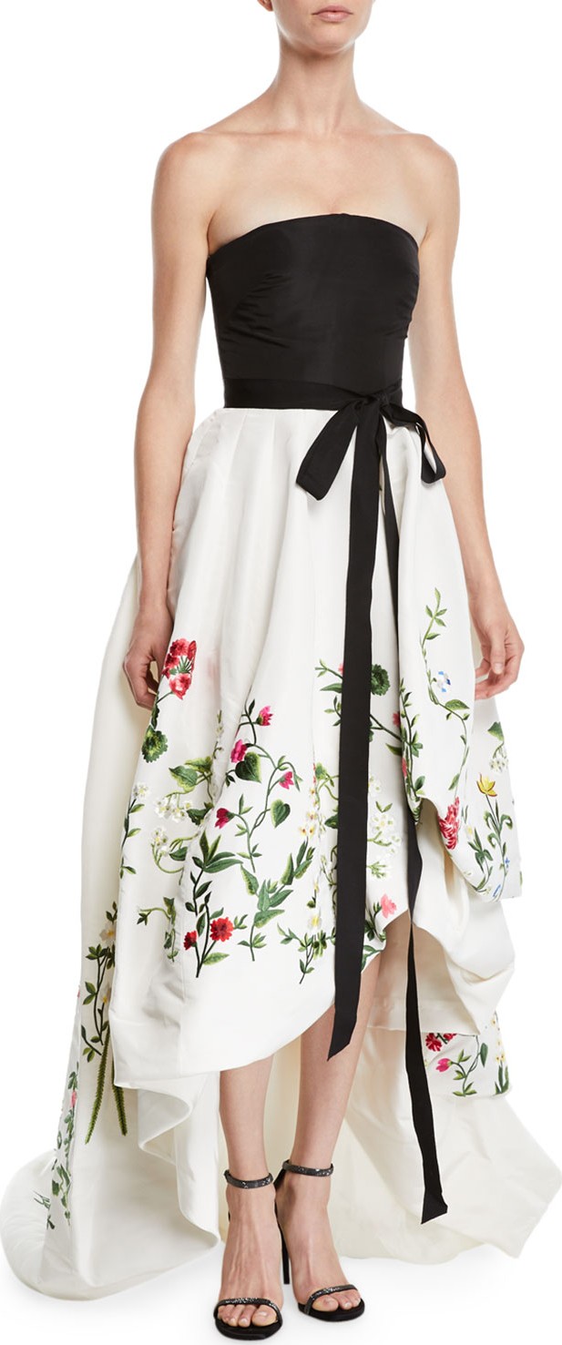 Oscar De La Renta Strapless Ribbon-Belt Botanical-Embroidered High-Low Evening Gown
