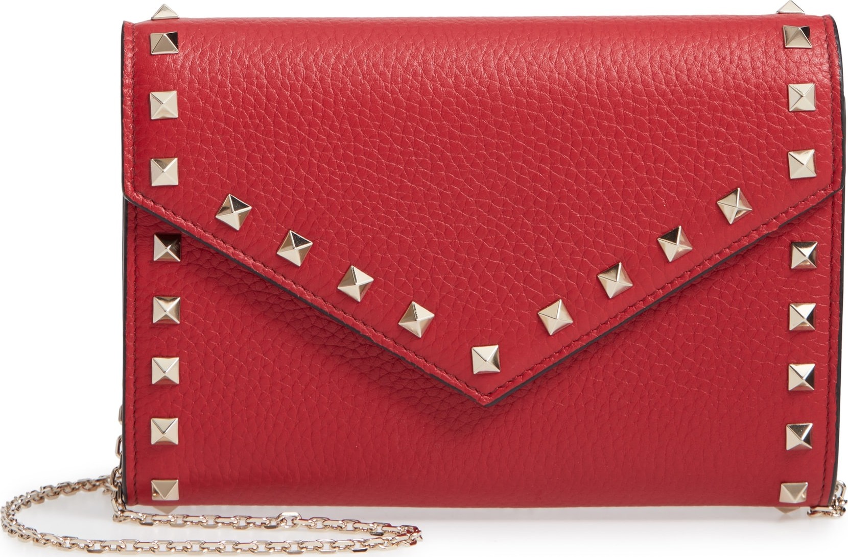 Valentino Rocktstud V-Flap Calfskin Leather Wallet on a Chain
