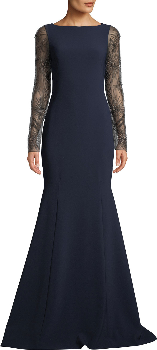 Theia Crepe Trumpet Gown w/ Beaded Sleeves