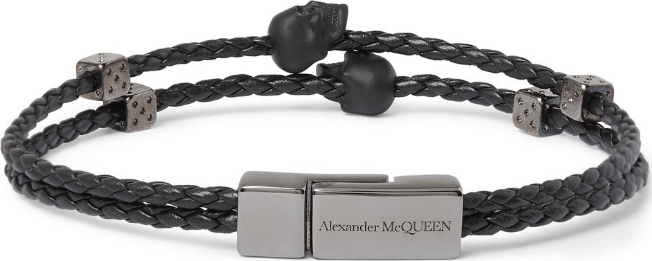 Alexander McQueen Gunmetal-Tone and Braided Leather Bracelet
