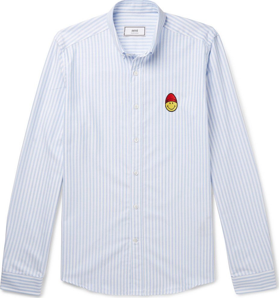 AMI Button-Down Collar Logo-Appliquéd Striped Cotton Oxford Shirt
