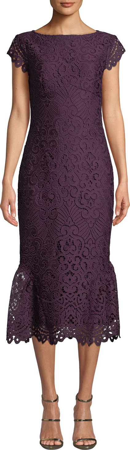Shoshanna Swen Lace Flounce-Hem Dress