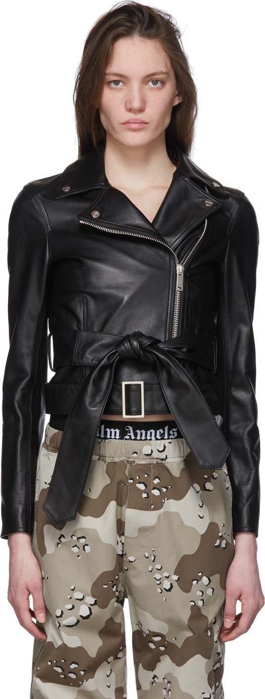 Palm Angels Black Leather Bow Belt Jacket