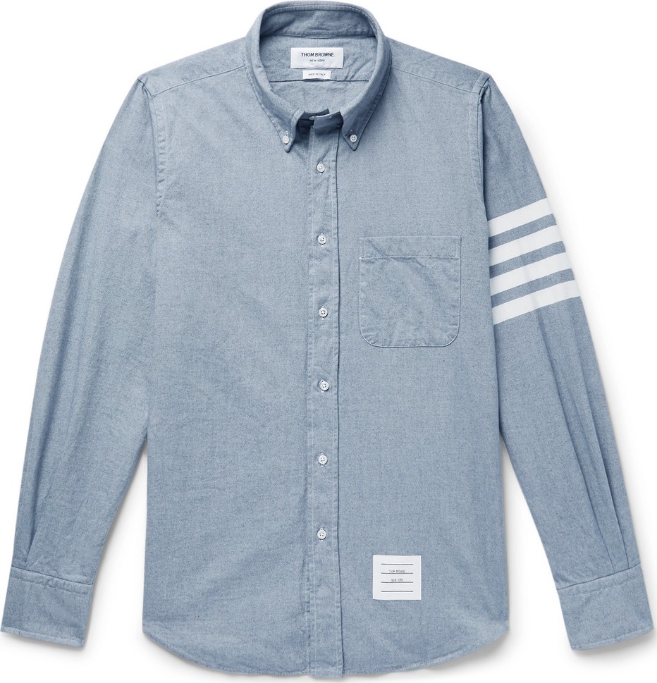 Thom Browne Button-Down Collar Striped Cotton-Flannel Shirt