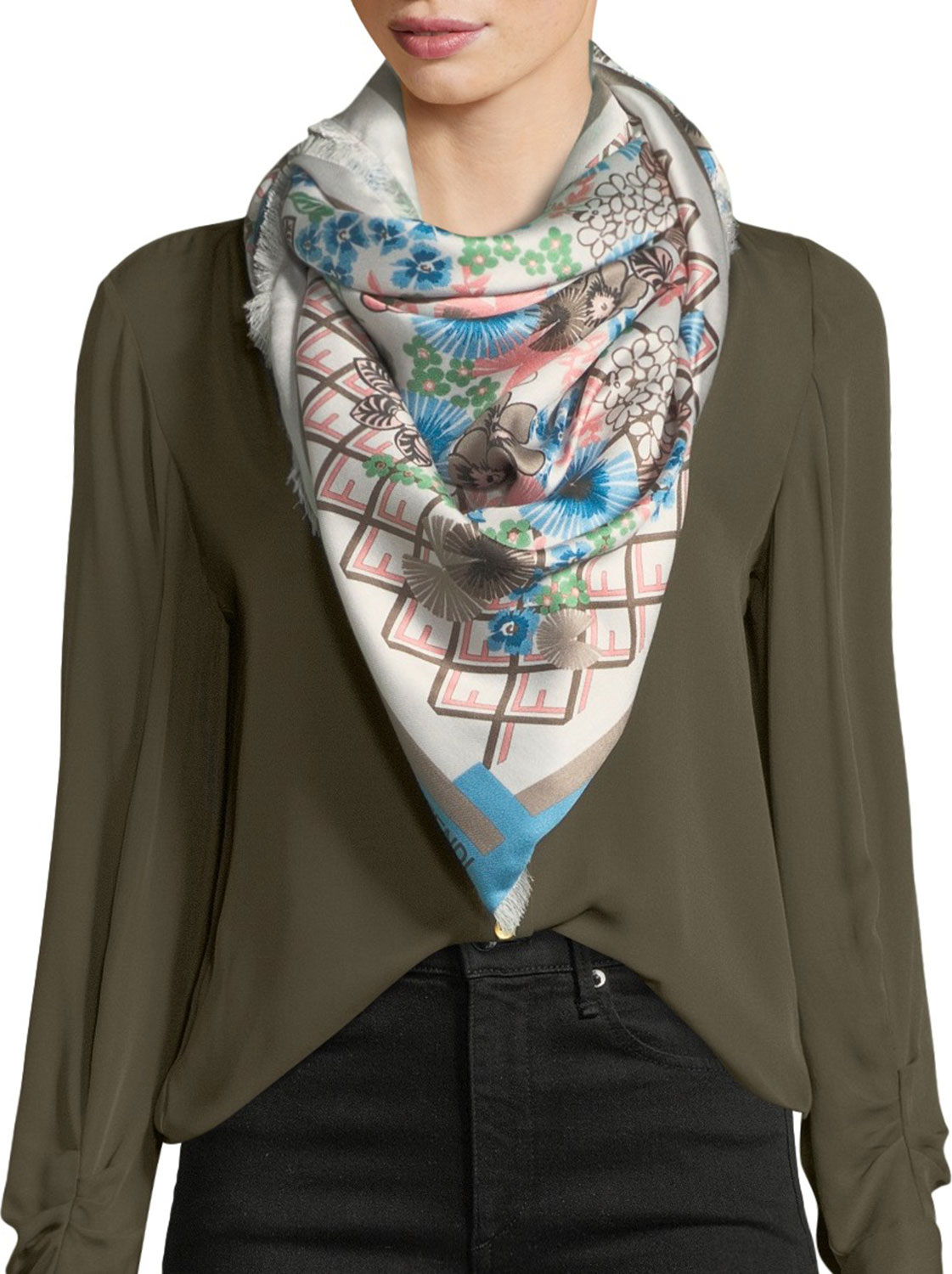 Fendi Floral Logo Silk-Wool Fringe Scarf