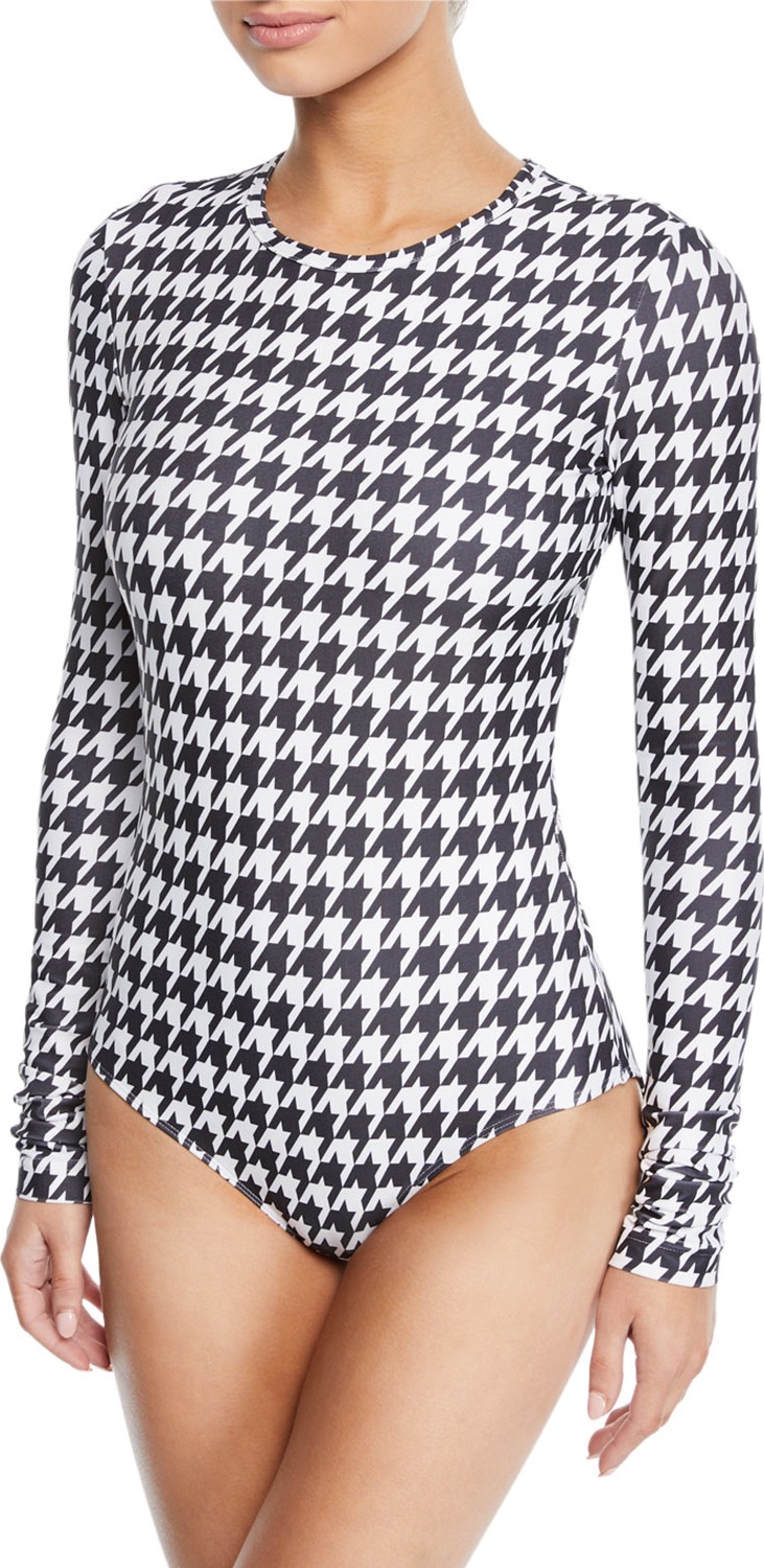 Cover Long-Sleeve Houndstooth One-Piece Swimsuit