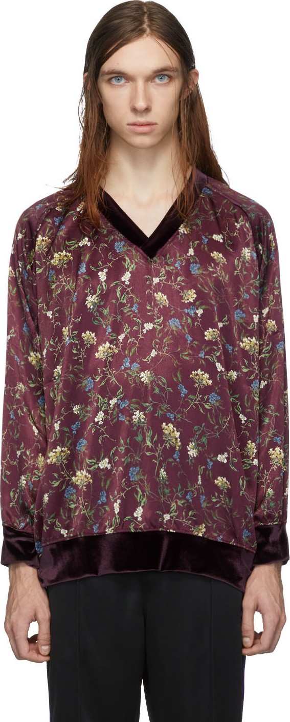 Needles Burgundy Sateen Flower V-Neck Sweater
