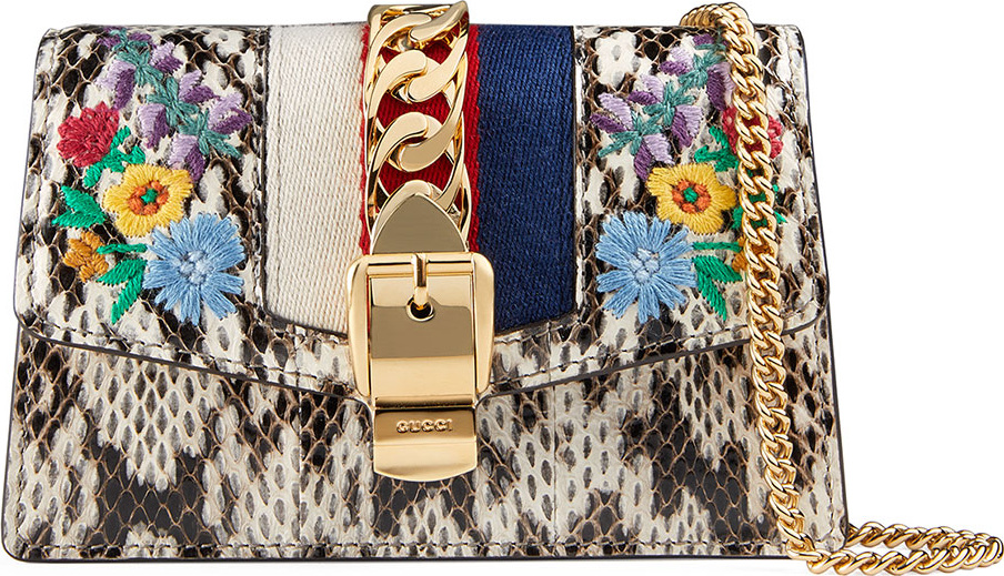 Gucci Sylvie Super Mini Floral-Print Snake Wallet on a Chain