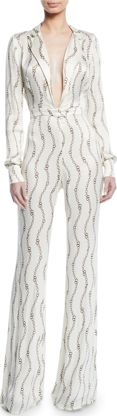 Alexis Danai Printed Long-Sleeve Plunging Jumpsuit