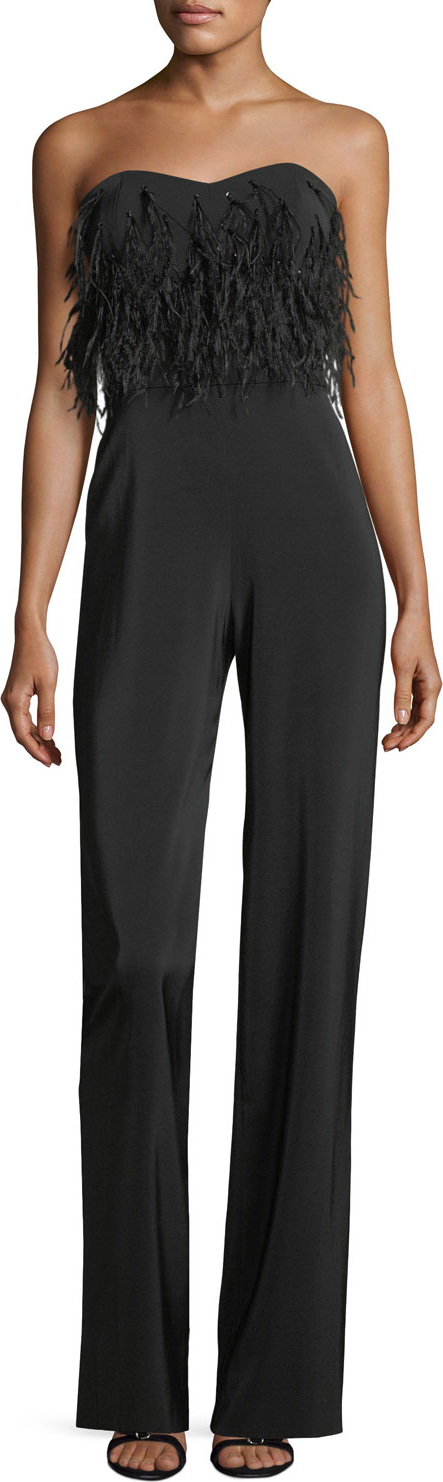 Saloni Aurelie Strapless Jumpsuit with Faux-Feathers