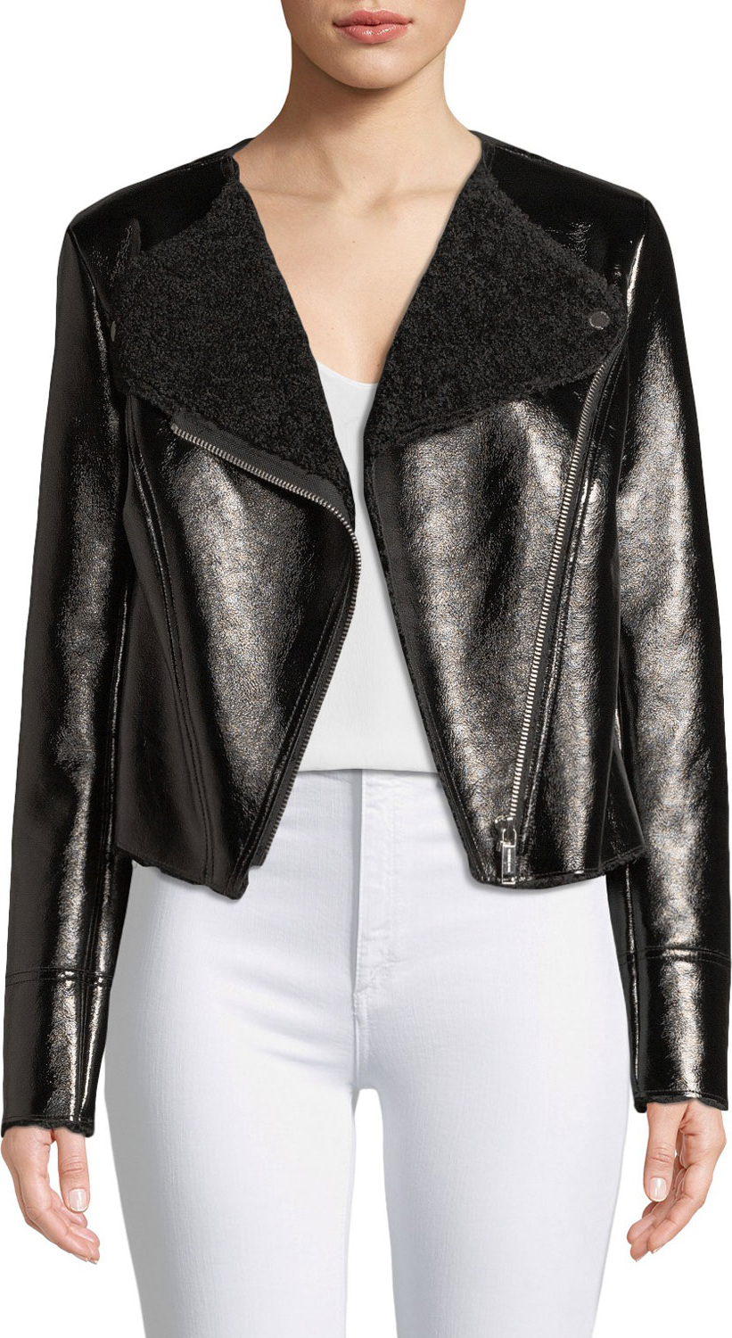 MICHAEL MICHAEL KORS Faux-Shearling Zip-Front Patent Moto Jacket