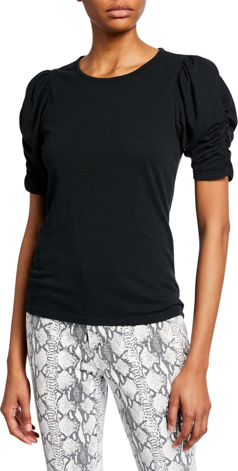 FRAME DENIM Gathered-Sleeve Crewneck Tee