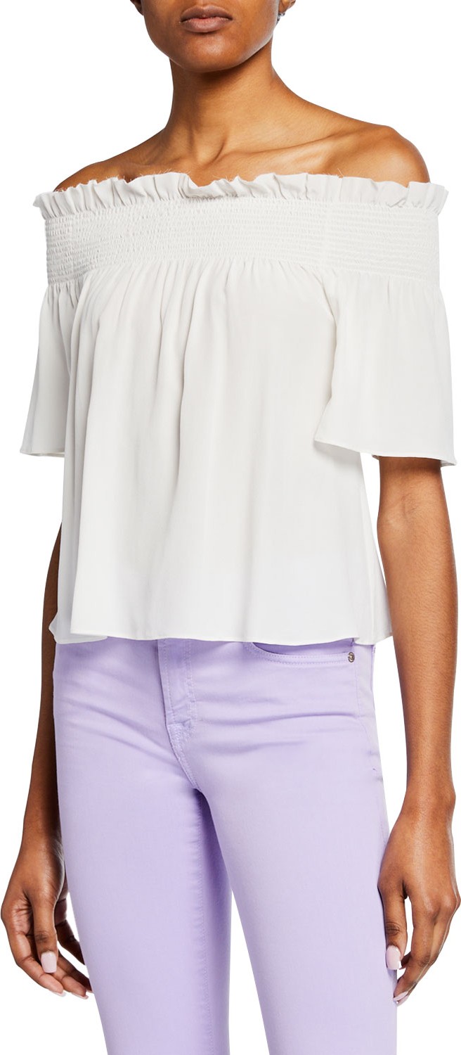 7 For All Mankind Off-Shoulder Smocked Silk Blouse