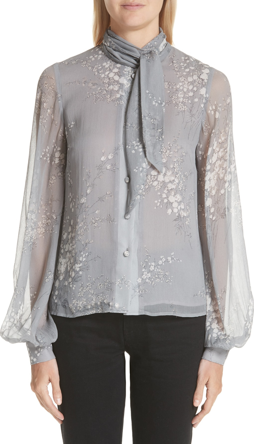 Co Floral Print Tie Neck Crinkle Chiffon Blouse