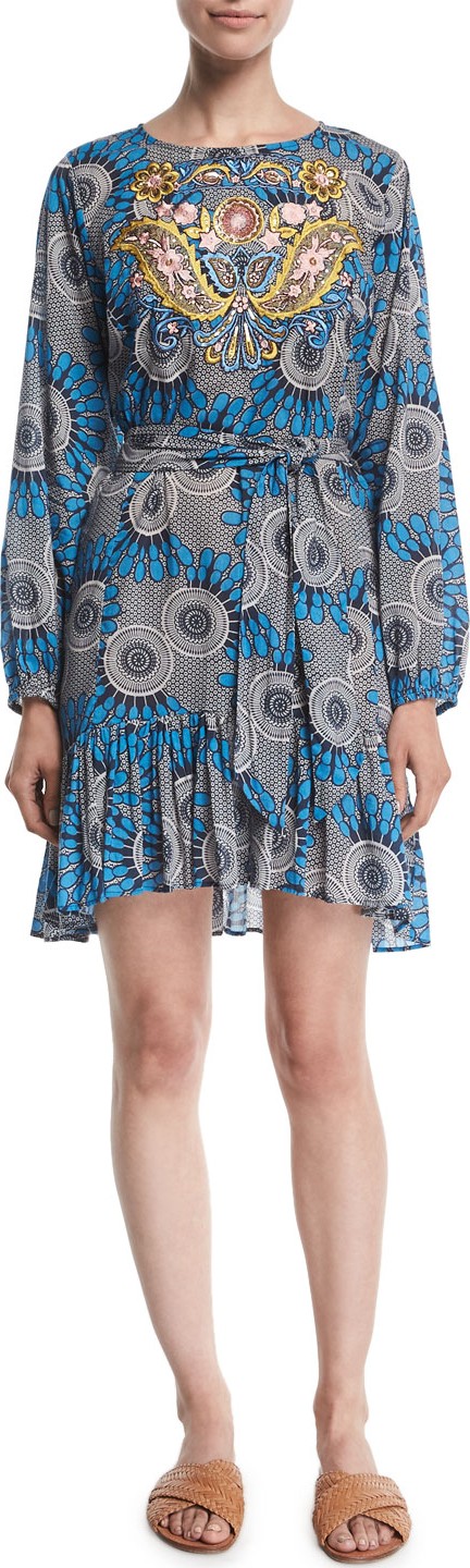 FIGUE Clementine Long-Sleeve Embroidered Mini Dress