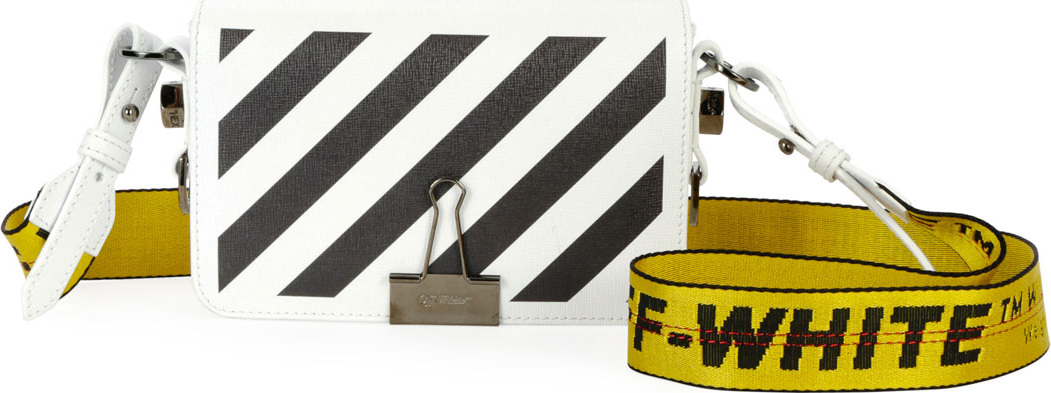 Off White Mini Striped Saffiano Leather Flap Crossbody Bag with Binder Clip
