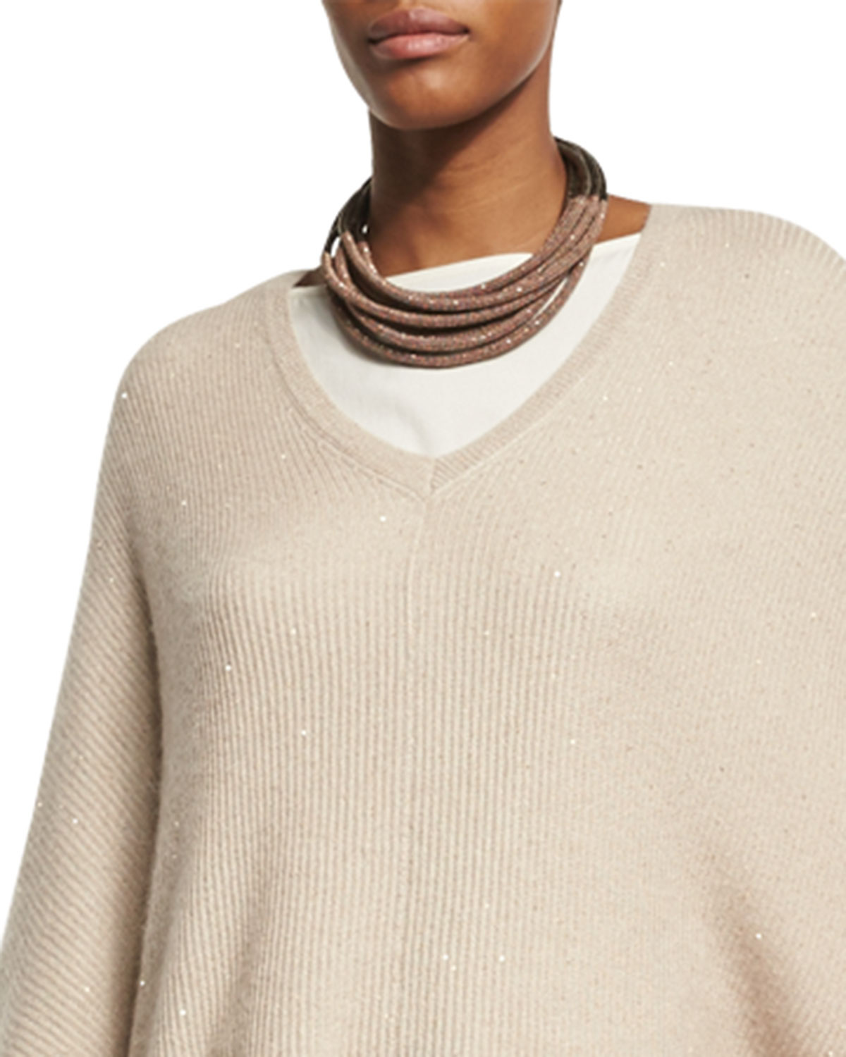 Brunello Cucinelli Leather Multi-Strand Choker with Monili Beading, Bronze