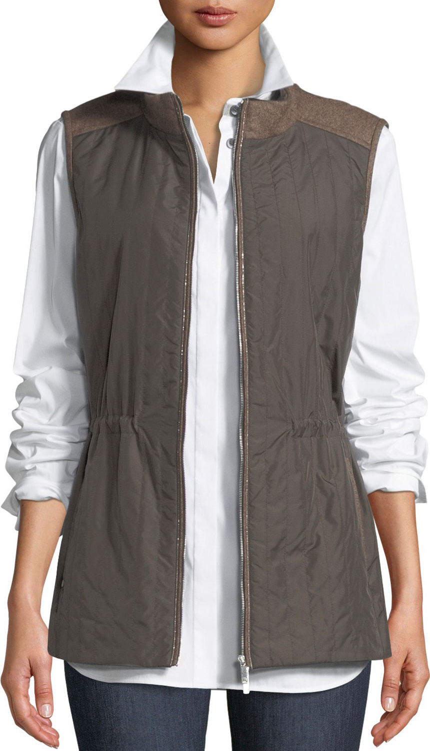 Lafayette 148 New York Edison Zip-Front Outerwear Vest w/ Flannel Back