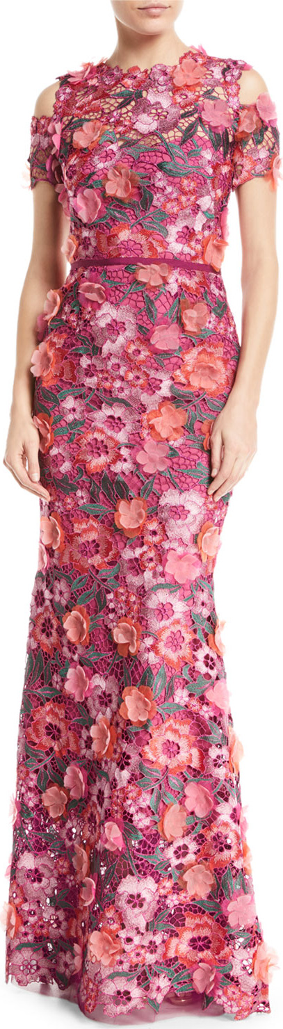Marchesa Notte Floral 3D Guipure Lace Cold-Shoulder Gown