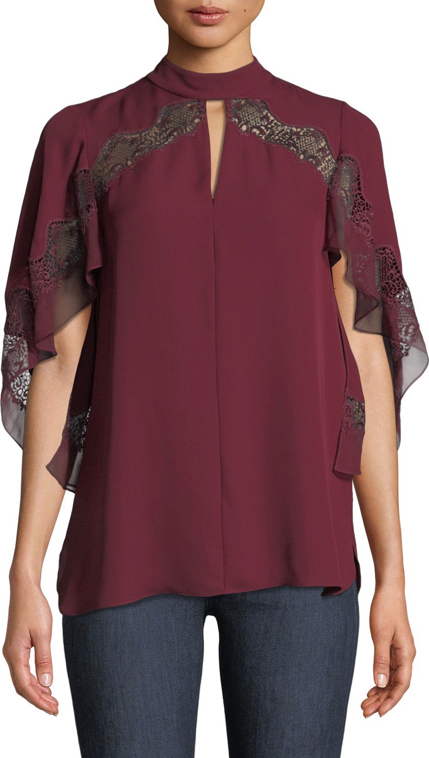 Elie Tahari Jaylah Lace-Trim Choker-Neck Silk Blouse