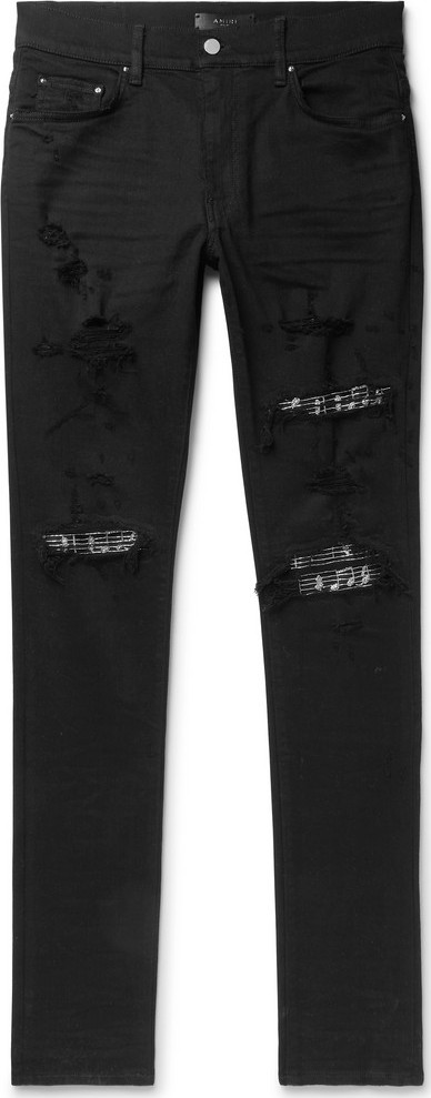 Amiri Skinny-Fit Embellished Twill-Panelled Distressed Stretch-Denim Jeans