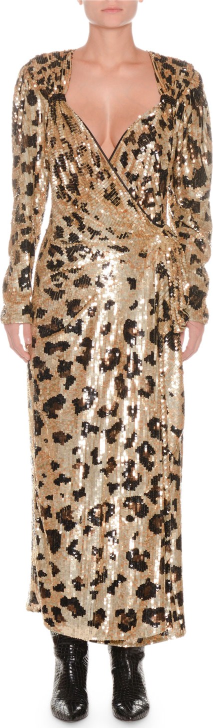 Attico Long-Sleeve Wrap-Front Leopard-Sequin Evening Dress