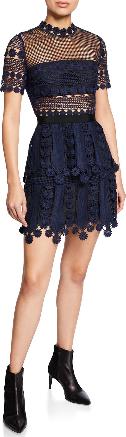 Self Portrait Floral Lace Short-Sleeve Tiered Cocktail Dress