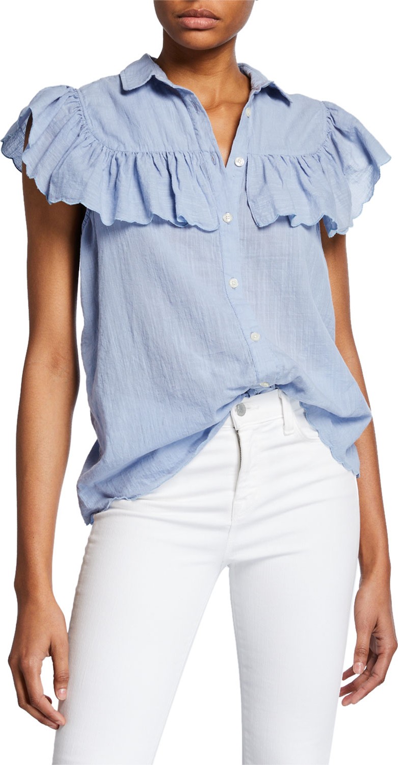 THE GREAT. The Scallop Campfire Ruffle Button-Front Top