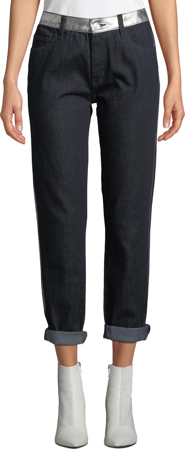 Current/Elliott The Fling Cropped Straight-Leg Jeans with Metallic Stripes