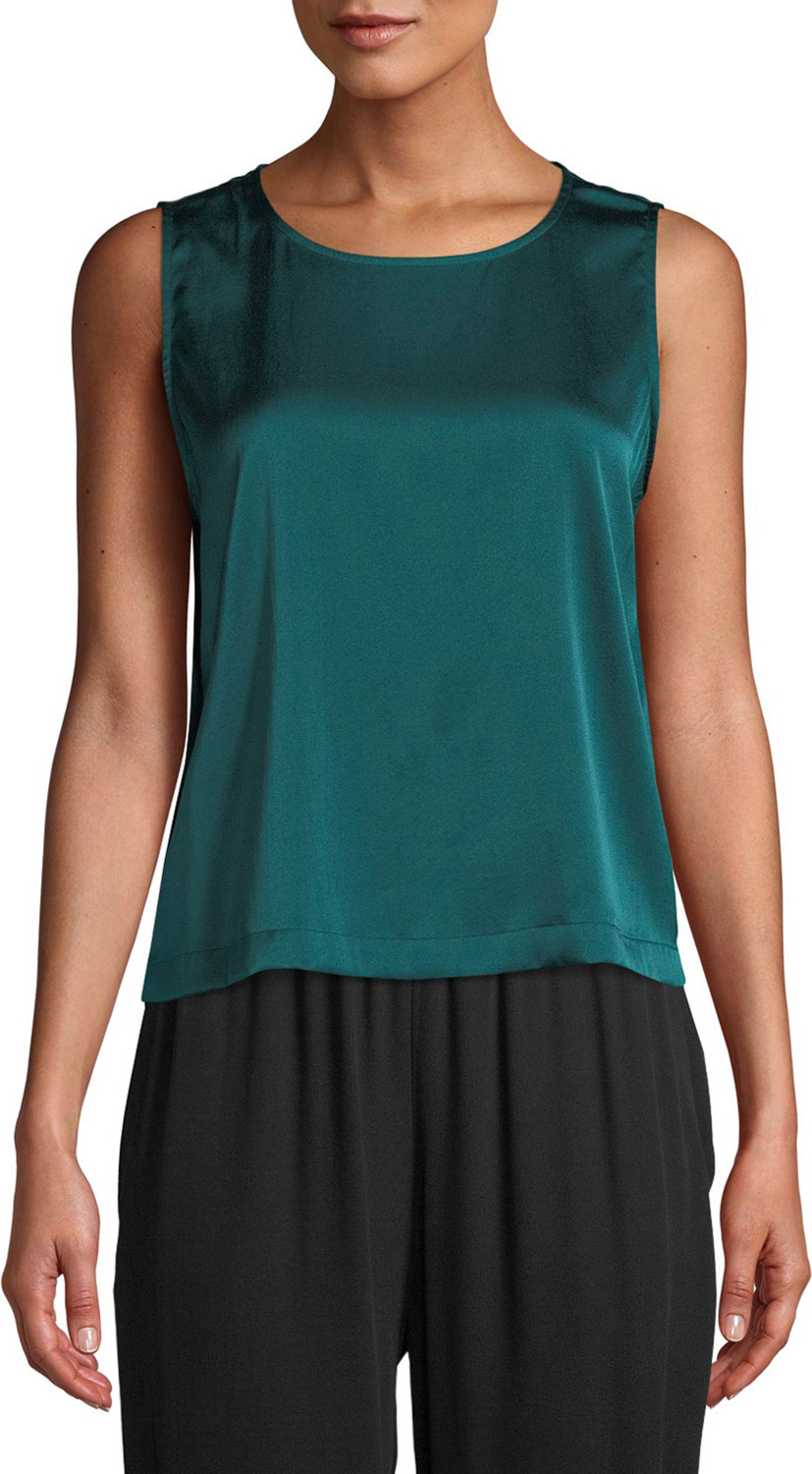 Eileen Fisher Round-Neck Sleeveless Silk Charmeuse Shell
