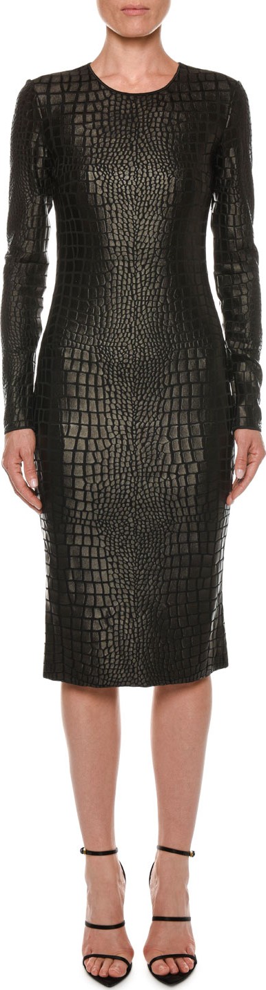 TOM FORD Long-Sleeve Crocodile-Print Sheath Dress