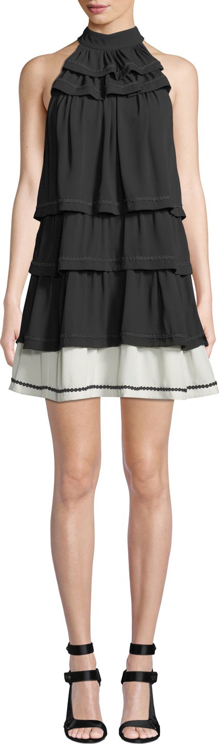 HALSTON HERITAGE Mock-Neck Tiered Flounce Dress