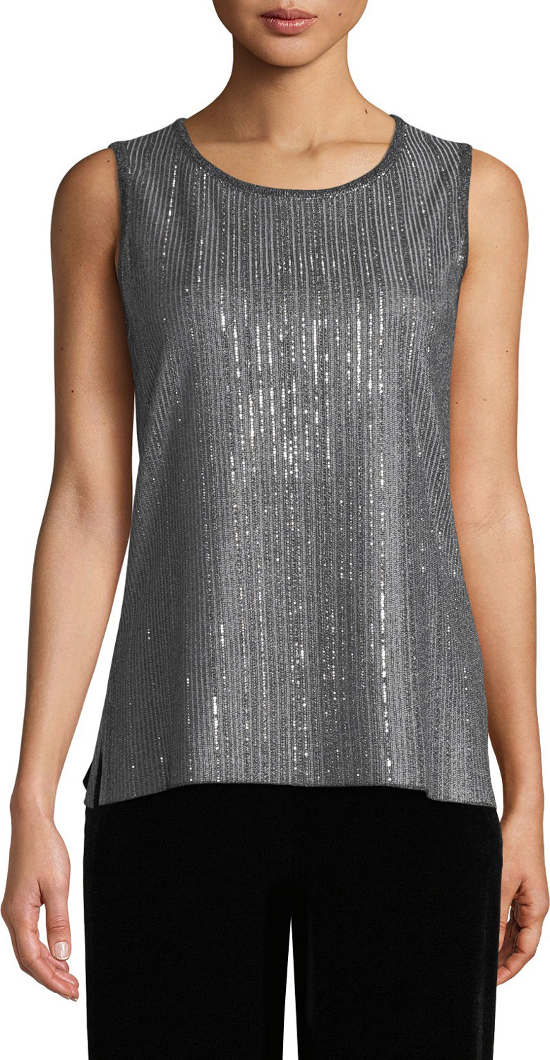 St. John Metallic Plaited Knit Shell Top with Sequins