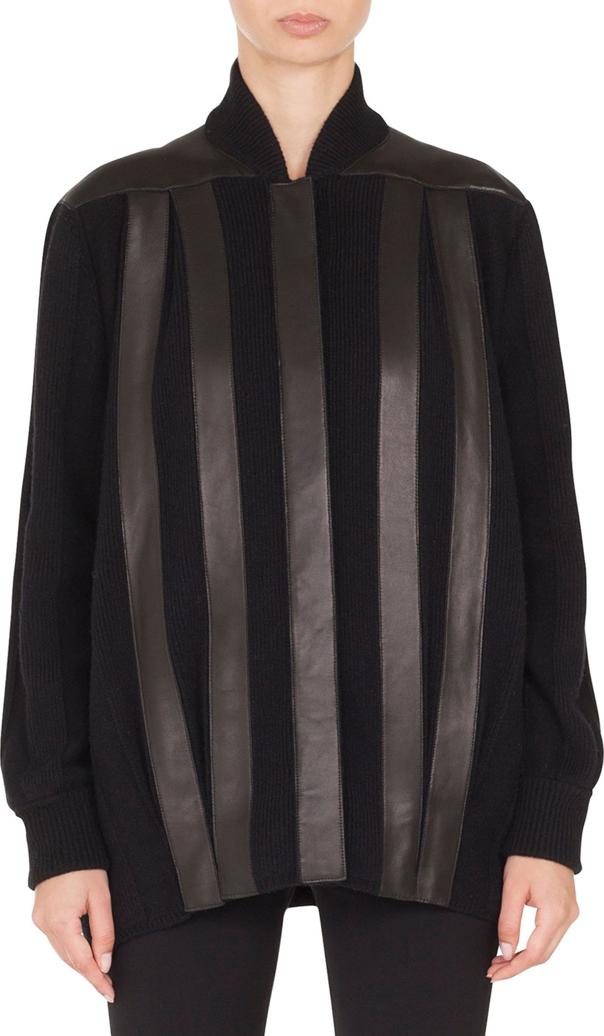Akris Button-Front Leather-Striped Baseball-Collar Knit Jacket