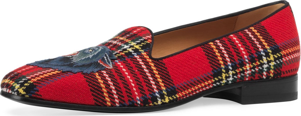 Gucci Tartan Slipper with Wolf Appliqué