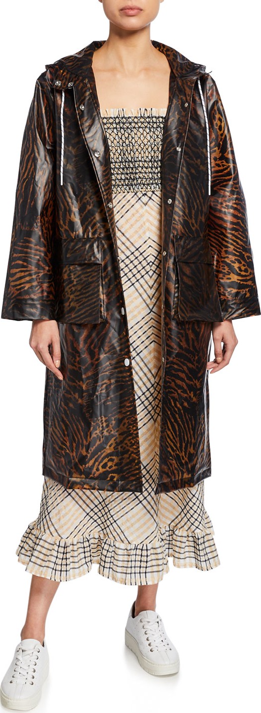 Ganni Tiger-Print Hooded Long Raincoat