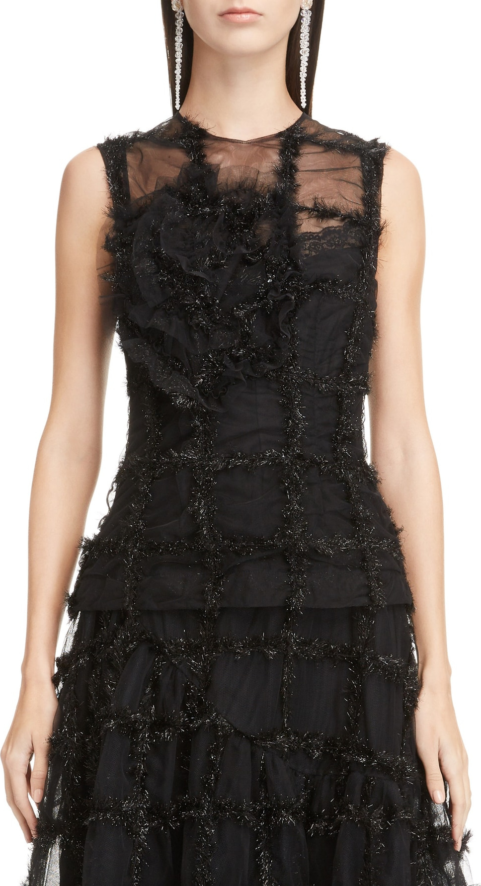 Simone Rocha Ruched Flower Tinsel Check Sleeveless Tulle Top