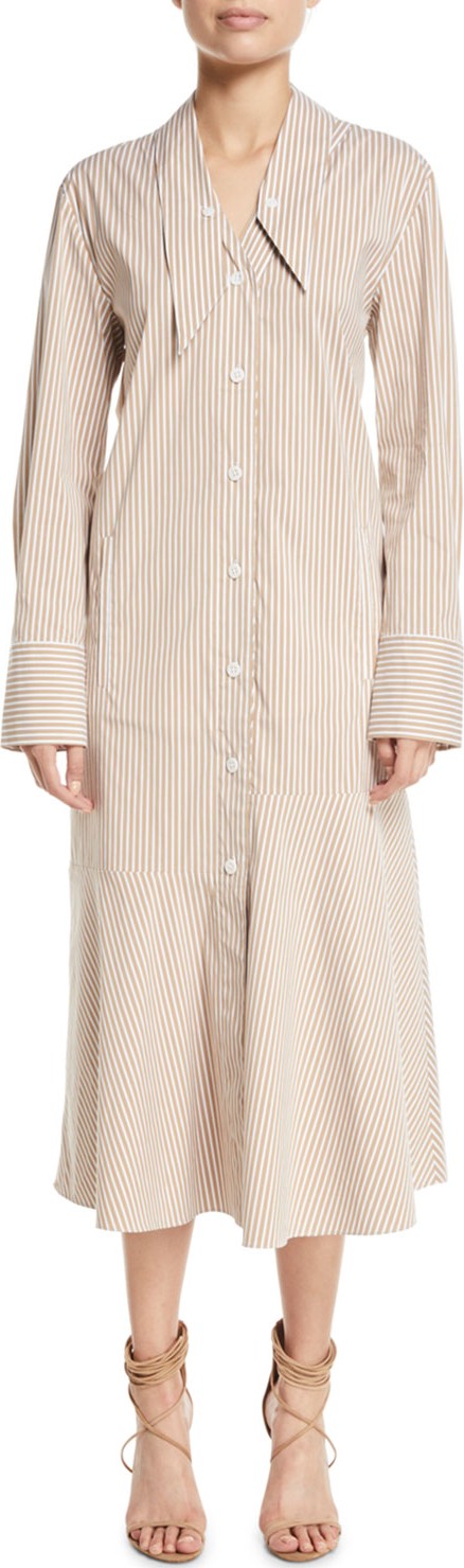 Tibi Kaia Striped Dropped-Waist Long Shirtdress