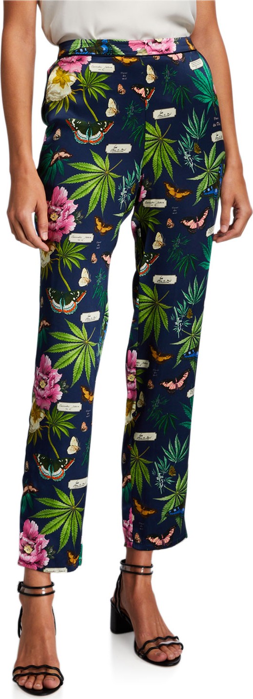 Fleur Du Mal Back-Seam Floral Silk Pants
