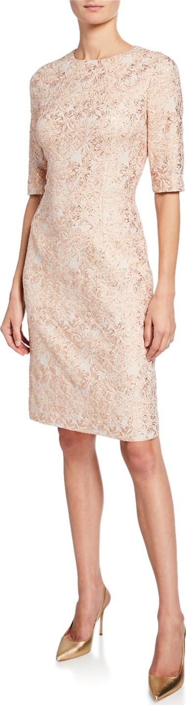Rickie Freeman for Teri Jon Short-Sleeve Metallic Jacquard Sheath Dress