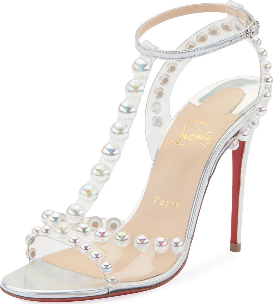 Christian Louboutin Faridavavie See-Through Vinyl/Metallic Red Sole T-Strap Sandals