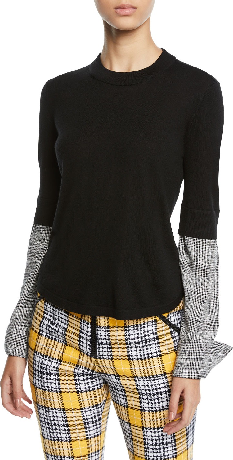 Veronica Beard Roscoe Crewneck Wool Sweater with Plaid Sleeves