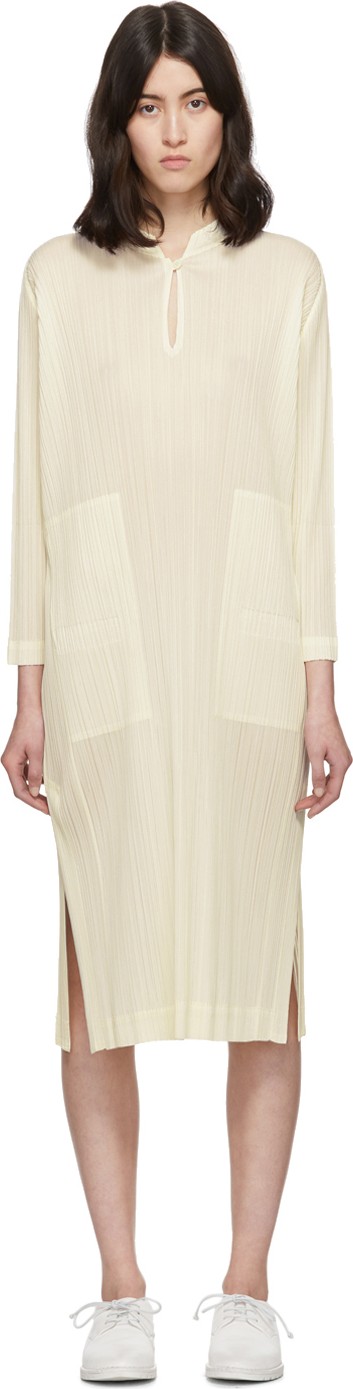 Pleats Please By Issey Miyake White Pleats Key Hole Dress