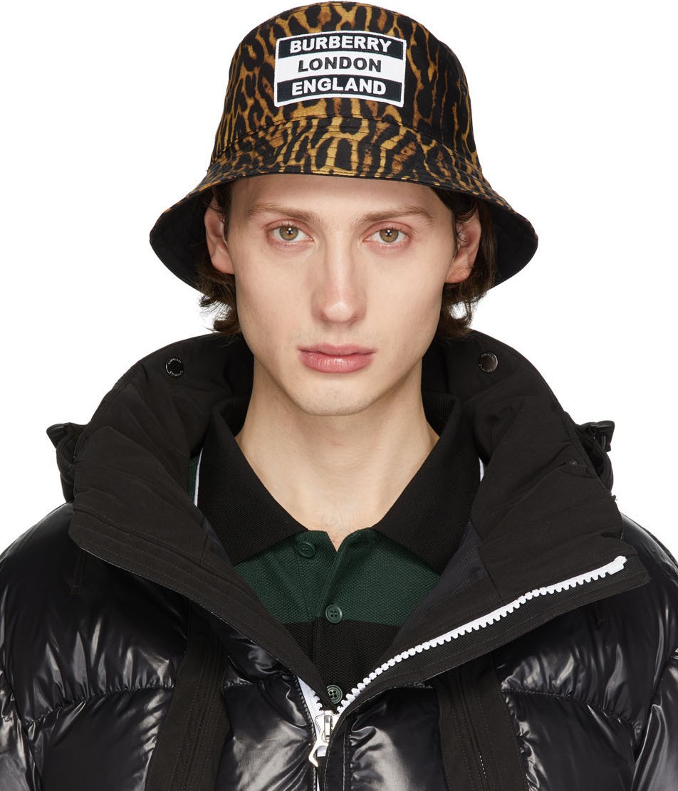 Burberry London England Reversible Black & Tan Leopard Print Bucket Hat